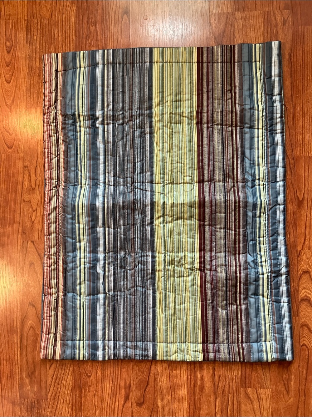 Striped Quilted Pillow Sham in Blue, Yellow Green & Gray Pinstripes